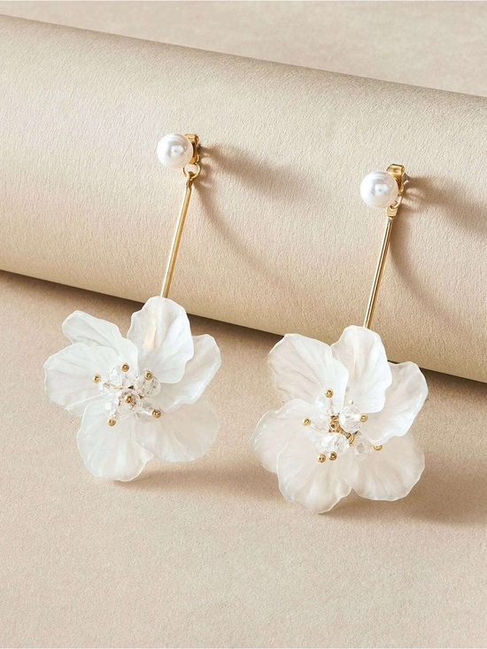 Jewelry - Gold Pearl Drop Earrings with White Floral Accent